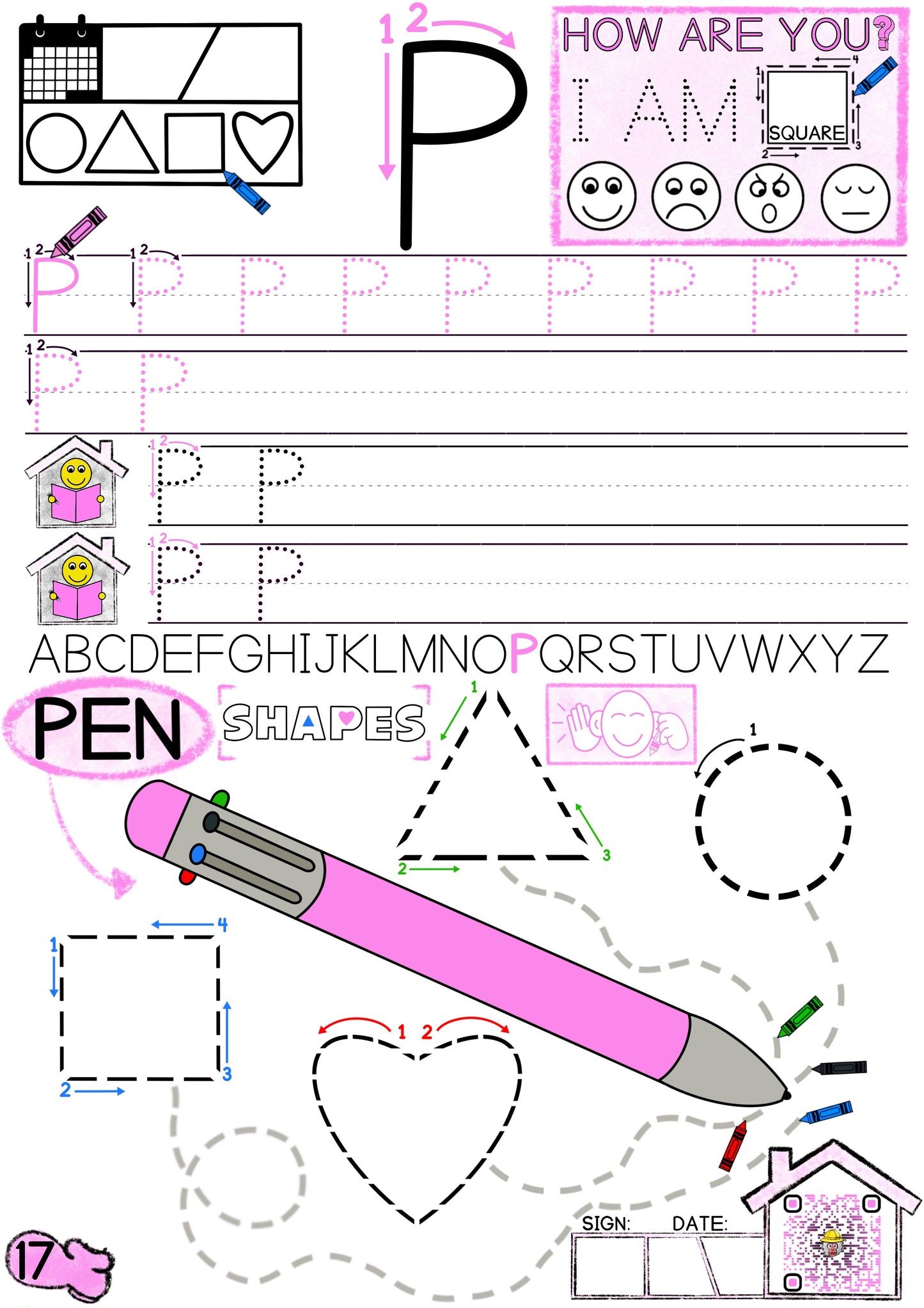Learn how to write the letter P and draw different shapes with a pen!