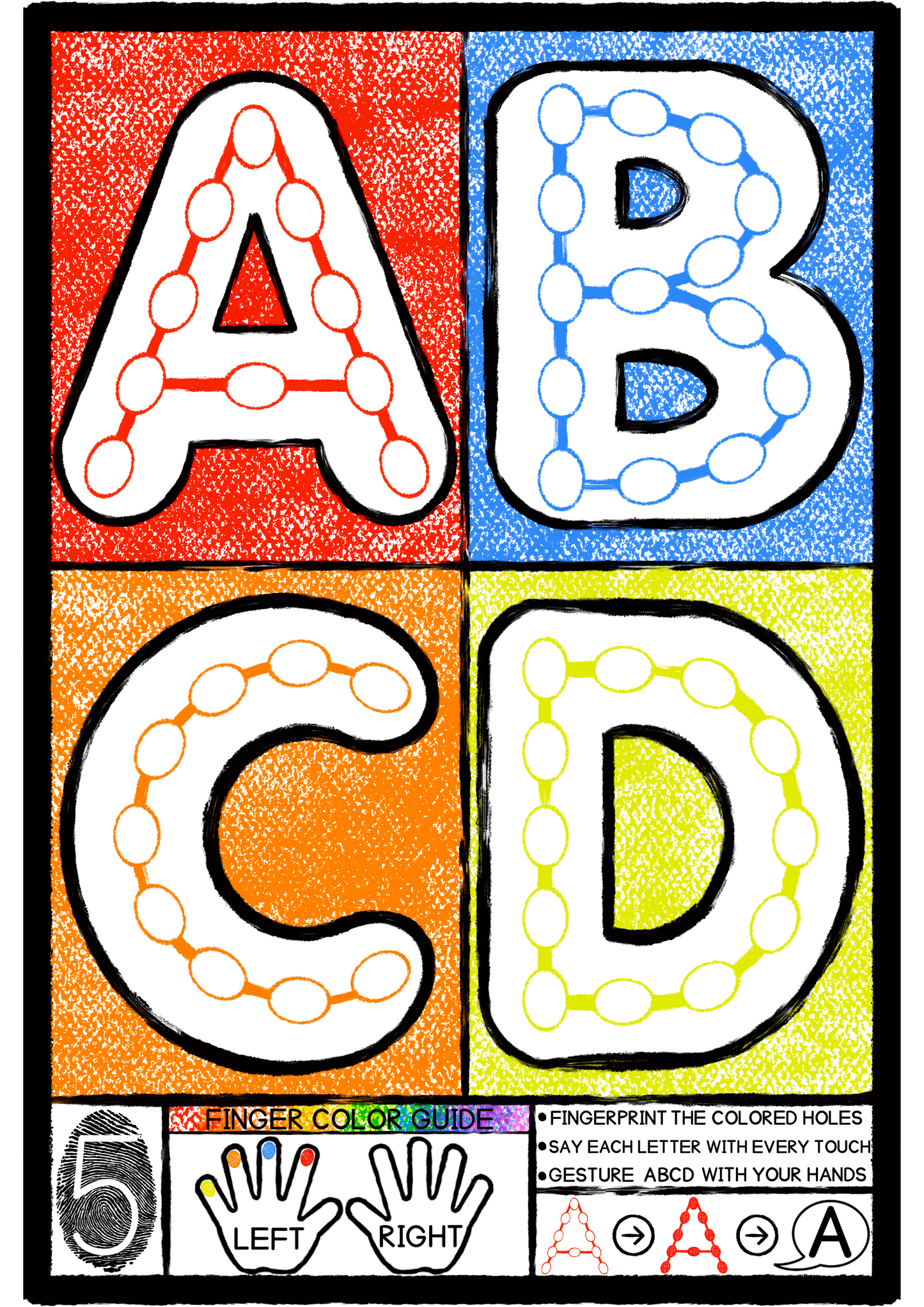 Learn the ABCs! Fingerprint the colored holes and say each letter with every touch.