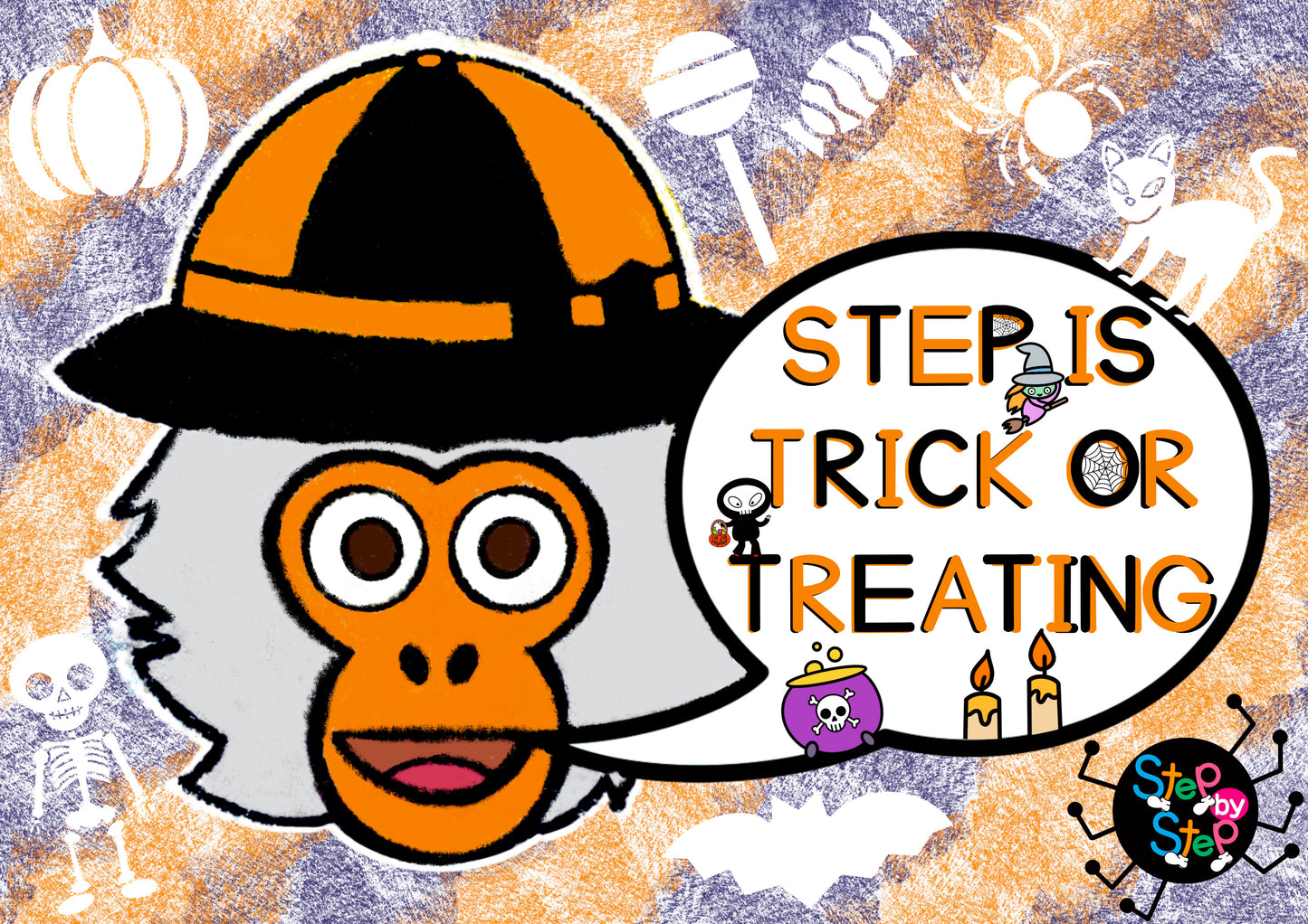 The book cover of "Step is Trick or Treating" featuring the adventurous monkey Step and the Step by Step logo in a spider.